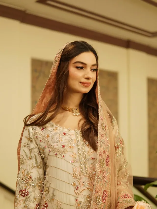 Bridal look — pastel embroidered dupatta dewy makeup