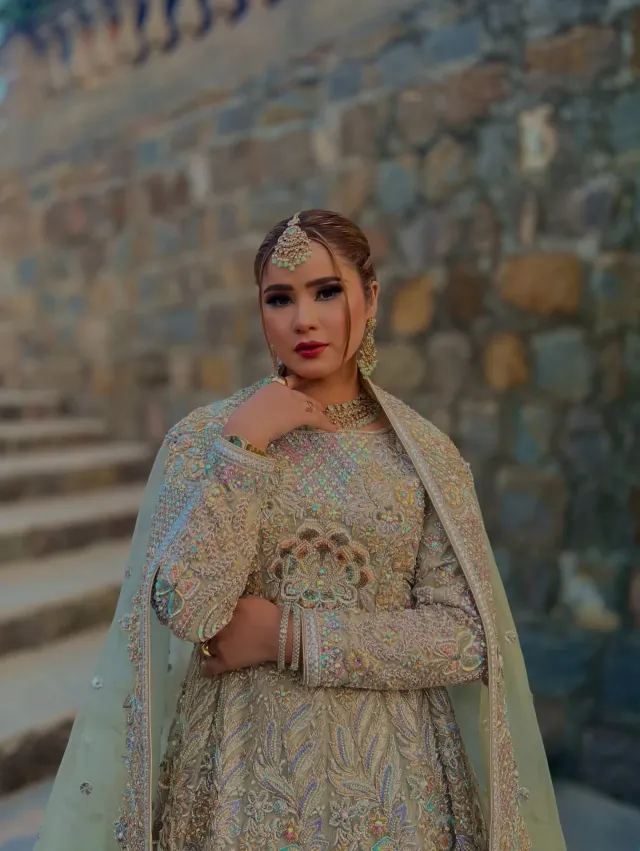 Bridal look — sage embroidery bold red lip