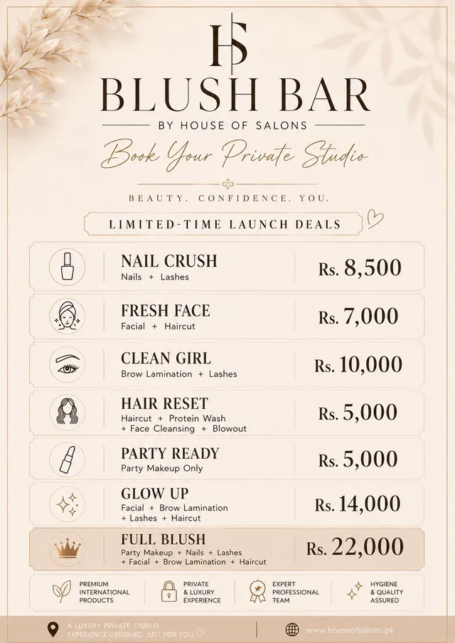 Blush Bar limited-time launch deals flyer listing seven bundled service packages