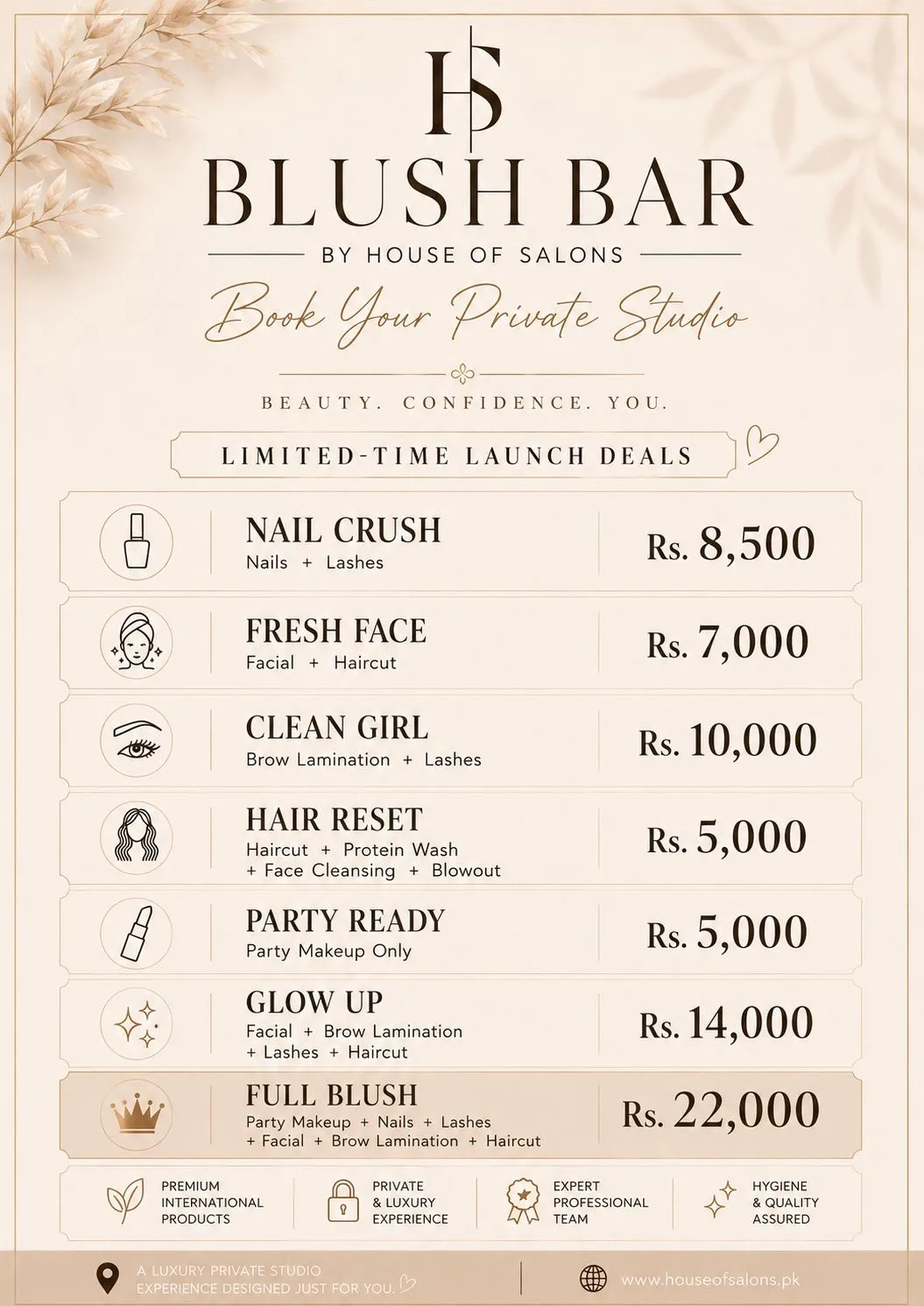 Blush Bar limited-time launch deals flyer listing seven bundled service packages